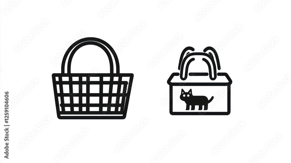 Simple black line art of two baskets, one with a handle and the other a box with a cat design. Ideal for illustrations, icons, and logo design Simple black line art of two baskets, one with a handle and the other a box with a cat design. Ideal for illustrations, icons, and logo design