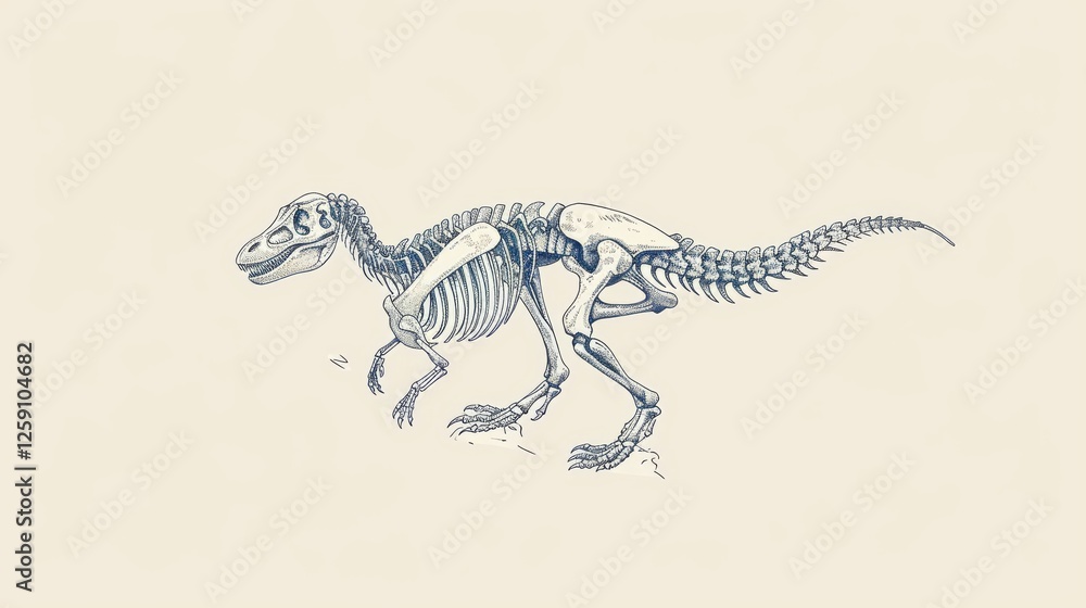 A vintage-style ink drawing of a dinosaur fossil skeleton, meticulously detailed with anatomical accuracy. The artistic sketch captures the prehistoric essence of extinct creatures. AI generated.