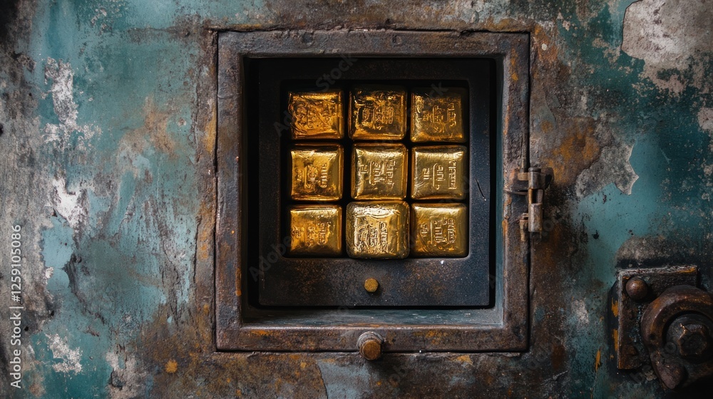 Antique Gold Ingots in a Rusty Metal Box Antique Gold Ingots in a Rusty Metal Box