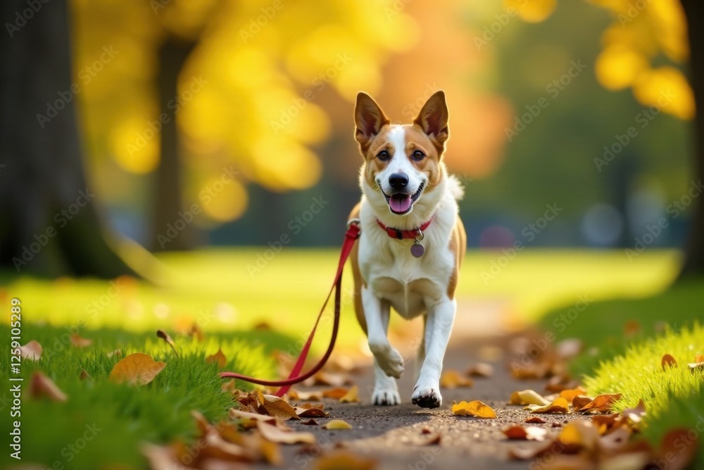Dog on leash walking in a park, outdoor, greenery, park Dog on leash walking in a park, outdoor, greenery, park
