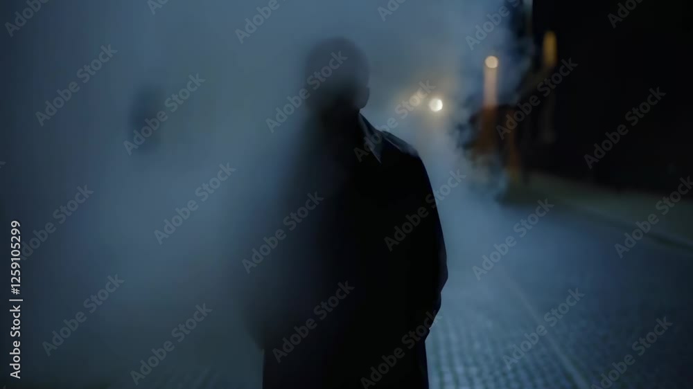 A mysterious silhouette walking in the foggy city night A mysterious silhouette walking in the foggy city night