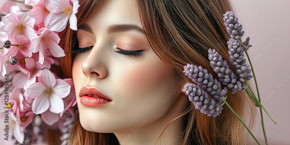 Serene Woman with Pink Flowers and Lavender Serene Woman with Pink Flowers and Lavender