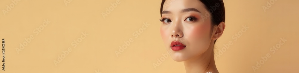 Elegant Asian woman with makeup, luxury charm, and high-end clothing on beige background , beauty, elegance, cosmetics Elegant Asian woman with makeup, luxury charm, and high-end clothing on beige background , beauty, elegance, cosmetics