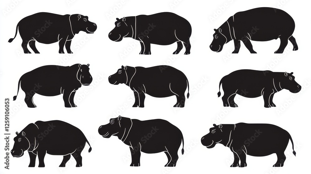 Fototapeta premium Hippopotamus hippo Side View silhouettes Flat Black Icon Set, African Zoo Animal Vector Clip Art.