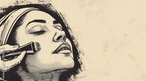 A hand-drawn vintage-style illustration of a woman getting makeup applied, featuring soft sepia tones and a classic beauty aesthetic reminiscent of old advertisements. AI generated.