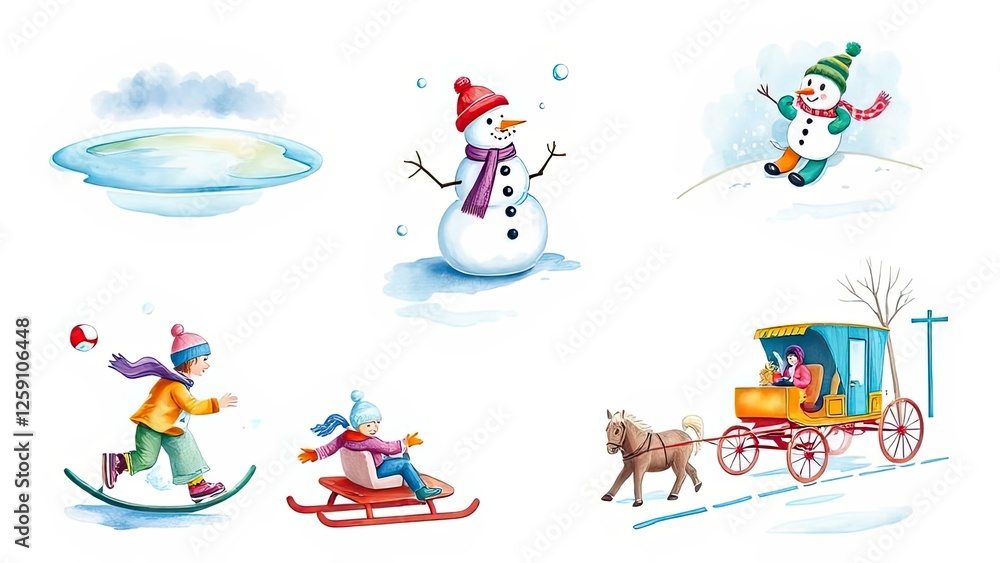 Naklejka premium Winter Fun Snowmen Kids Sledding Ice Skating Horse Drawn Carriage