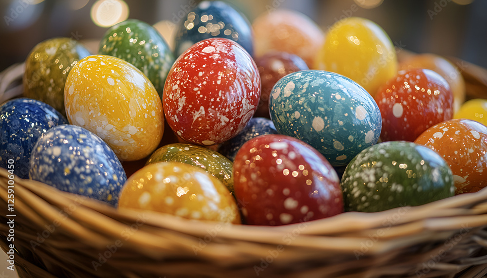 Colorful easter eggs in woven basket on rustic gray background Colorful easter eggs in woven basket on rustic gray background