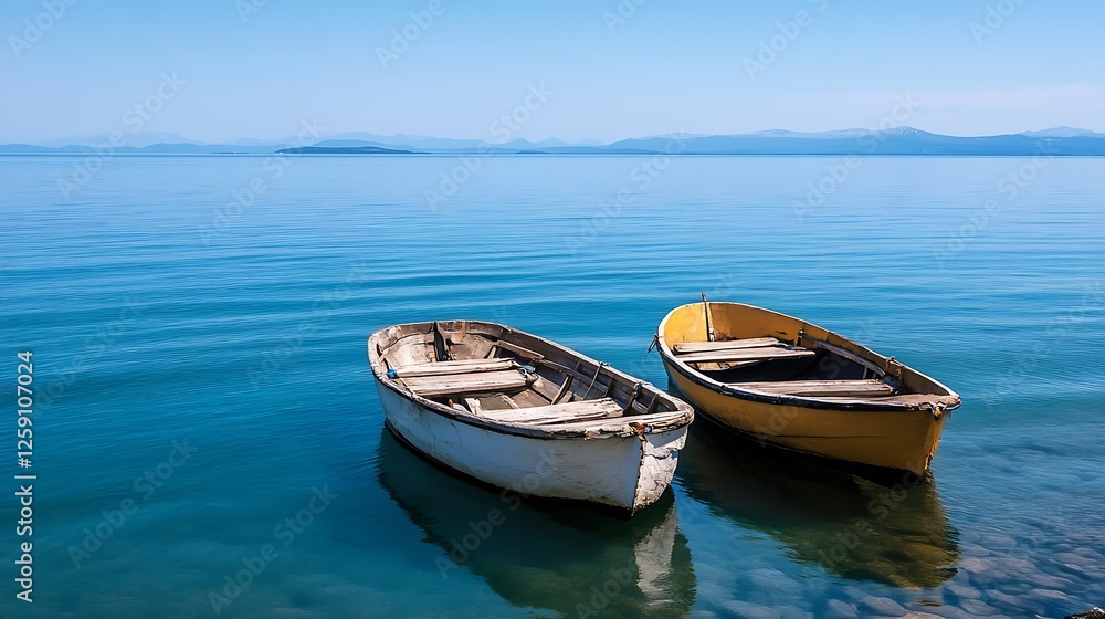 Two boats floating peacefully on calm blue waters surrounded by distant mountains on a sunny day : Generative AI Two boats floating peacefully on calm blue waters surrounded by distant mountains on a sunny day : Generative AI