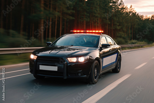 Police car responds to call along highway during twilight hours in a forested area photo