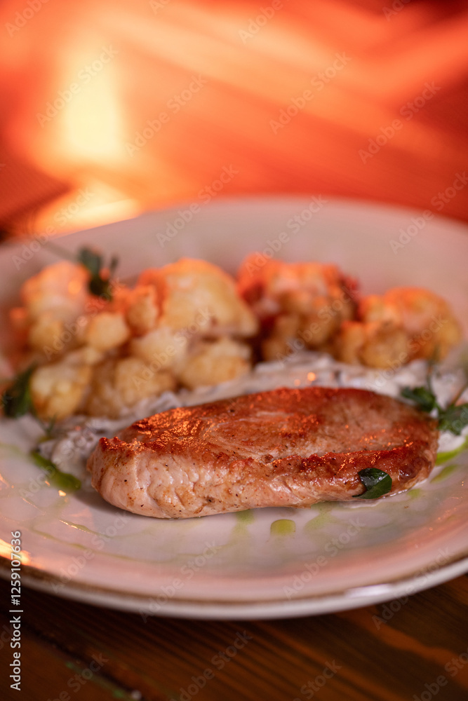 Baked turkey and cauliflower are a delicious dish on the menu at the restaurant. A beautiful and delicious photo for a menu, culinary website, or an advertisement for catering establishments. Baked turkey and cauliflower are a delicious dish on the menu at the restaurant. A beautiful and delicious photo for a menu, culinary website, or an advertisement for catering establishments.