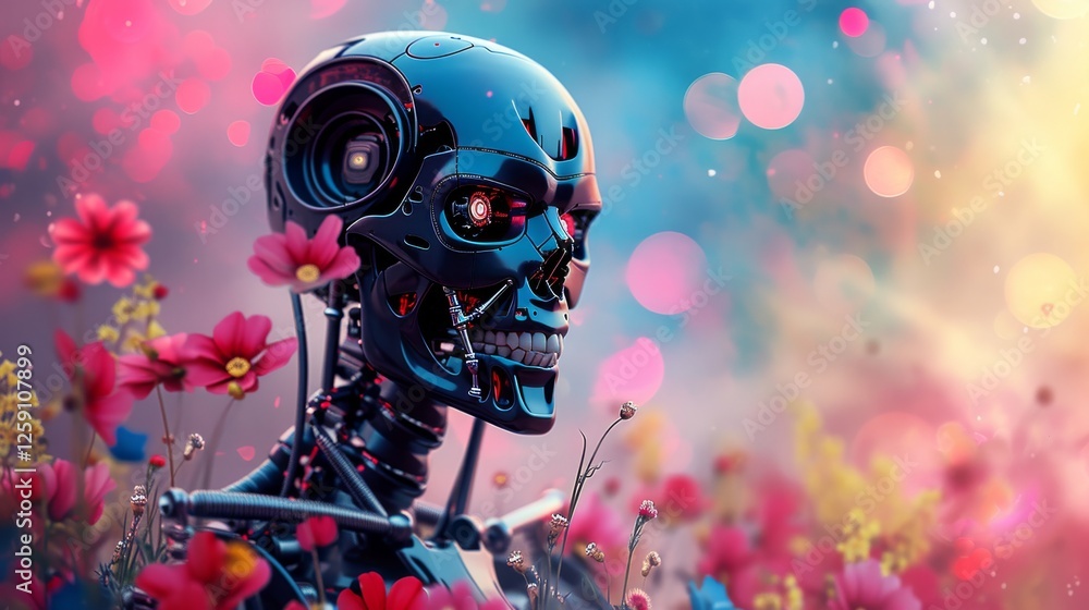 A highly detailed humanoid robot with intricate mechanical features, standing amid vibrant flowers, blending advanced technology with nature in a surreal composition. AI generated. A highly detailed humanoid robot with intricate mechanical features, standing amid vibrant flowers, blending advanced technology with nature in a surreal composition. AI generated.
