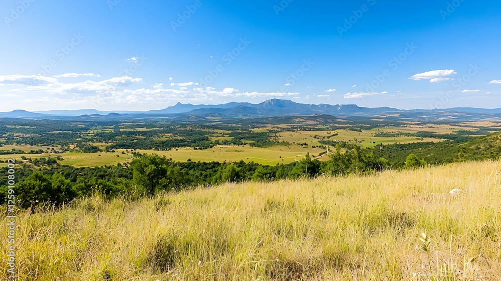 Fototapeta premium Panoramic View Of Golden Grassland With Hills And Mountains