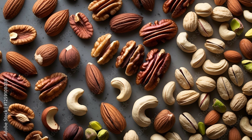 Fototapeta premium Assorted Nuts Spread on a Dark Background