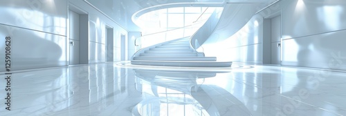 A stunning spiral staircase in a modern architectural interior with minimalist design, featuring sleek white surfaces and ambient natural light