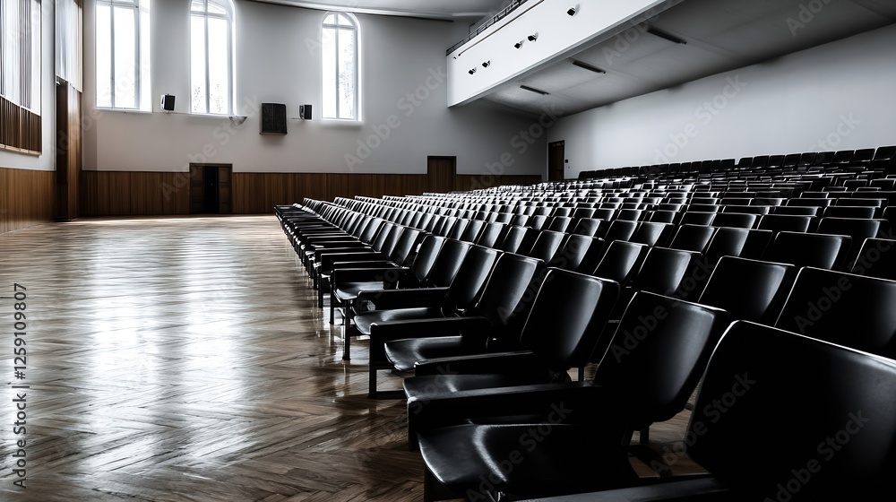 Fototapeta premium Empty Auditorium with Rows of Chairs and Wooden Floor in Natural Light : Generative AI