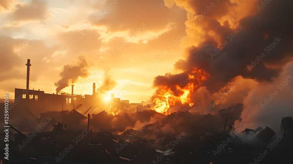A dramatic scene showcasing a factory engulfed in flames with thick smoke billowing into the sunset sky, highlighting the impact of industrial activities on the environment. A dramatic scene showcasing a factory engulfed in flames with thick smoke billowing into the sunset sky, highlighting the impact of industrial activities on the environment.