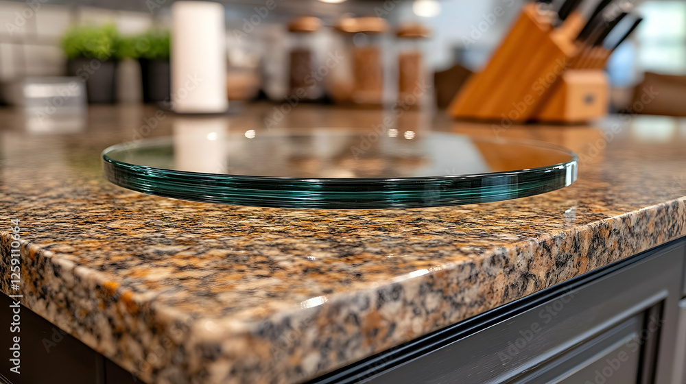 Fototapeta premium Round Glass Plate On Granite Kitchen Countertop