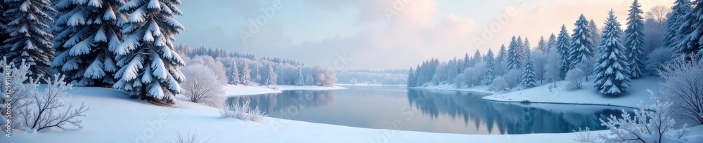 Frosty forest landscape with snow-covered trees and frozen lake, icy, winter Frosty forest landscape with snow-covered trees and frozen lake, icy, winter