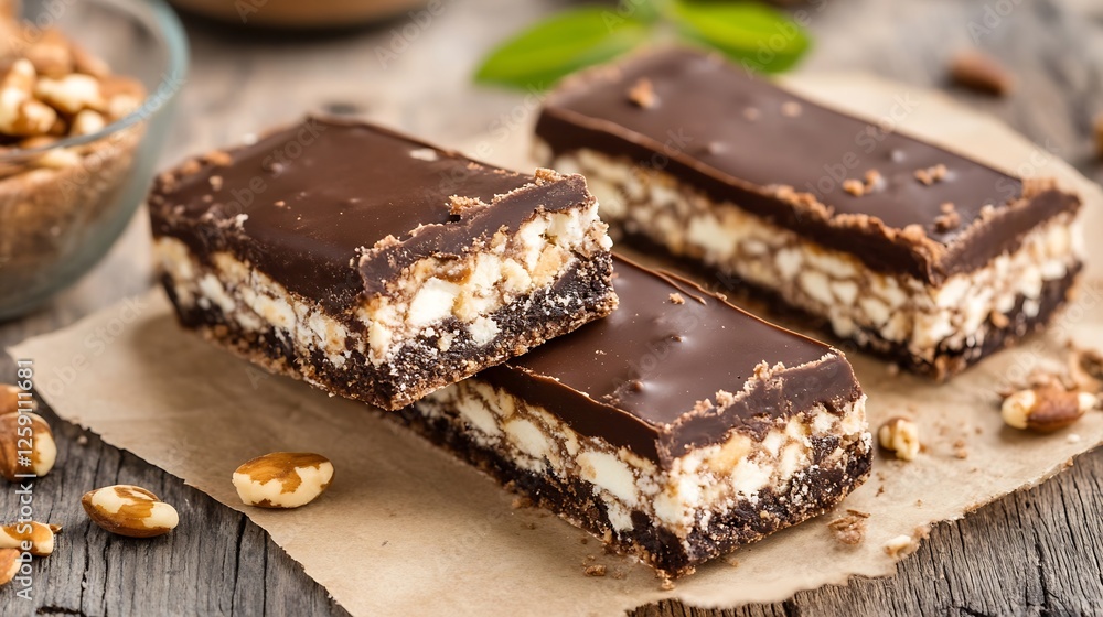 Delicious chocolate nut bars stacked on a rustic table with grains and nuts creating an enticing dessert scene : Generative AI Delicious chocolate nut bars stacked on a rustic table with grains and nuts creating an enticing dessert scene : Generative AI
