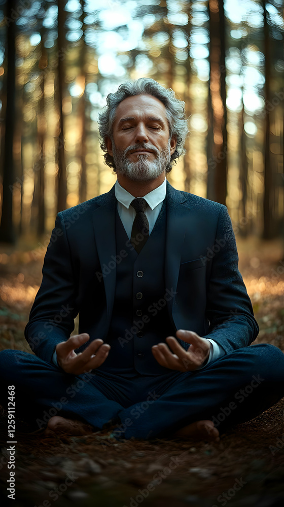 Mature Man Meditating in Forest Mature Man Meditating in Forest