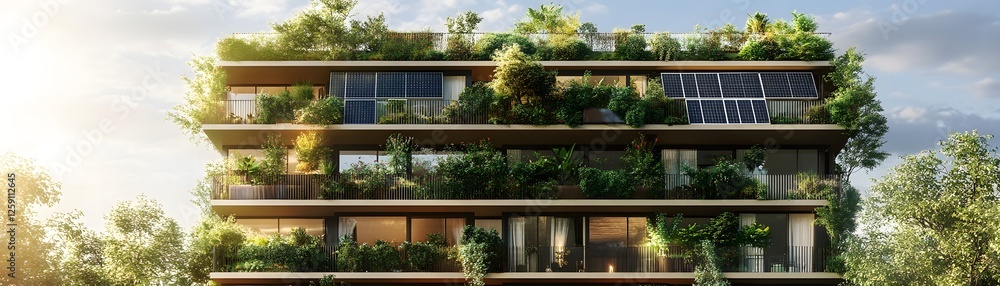 A modern building adorned with lush greenery and solar panels, showcasing sustainable architecture and nature integration