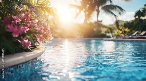 Wallpaper Mural Tranquil Poolside Paradise at Sunset with Pink Flowers Torontodigital.ca