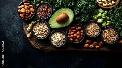 Assortment Of Healthy Grains, Seeds, And Fruits On Dark Background