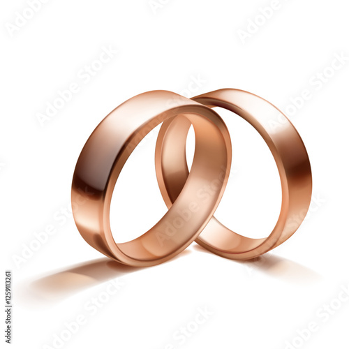 A pair of elegant, shiny, polished rose gold wedding rings, placed side by side to signify unity and love. With soft shadow, on white background.