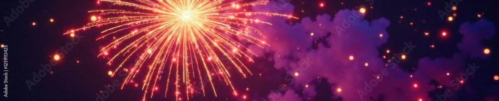 Naklejka premium Firework burst with shimmering golden light and purple hues filling the air, gold, colorful lights, sparks