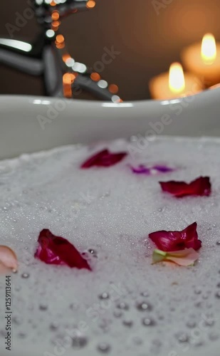 Relaxing bubble bath with flower petals and soothing candlelight ambiance in a serene space