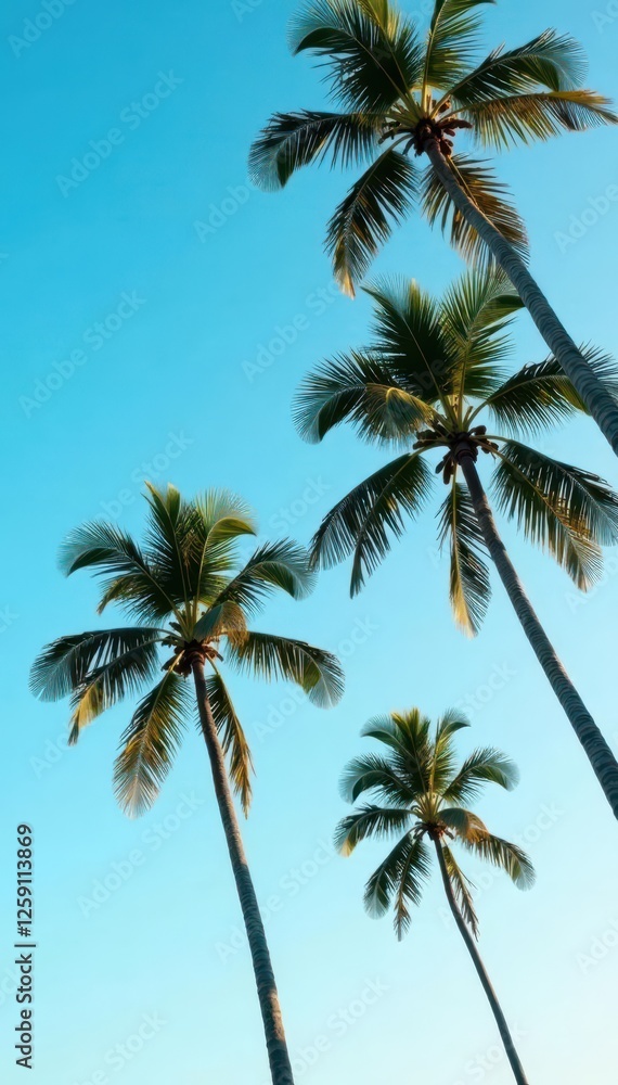 Palm trees against a blue sky with a subtle gradient effect, calming, blue sky Palm trees against a blue sky with a subtle gradient effect, calming, blue sky
