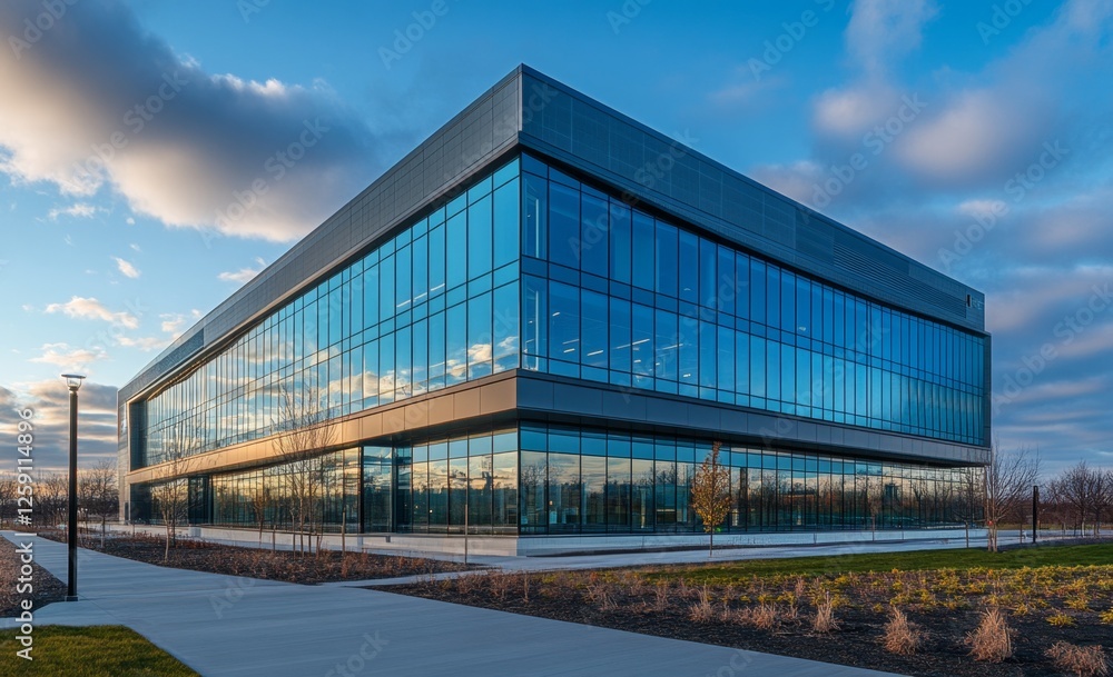 Modern office building exterior at sunset, urban park setting Modern office building exterior at sunset, urban park setting