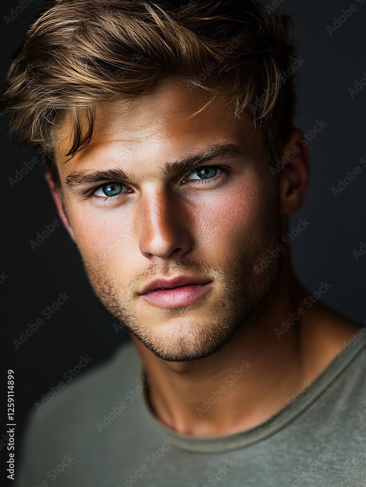Striking Portrait of a Handsome Young Man with Flawless Skin and Captivating Blue Eyes : Generative AI Striking Portrait of a Handsome Young Man with Flawless Skin and Captivating Blue Eyes : Generative AI