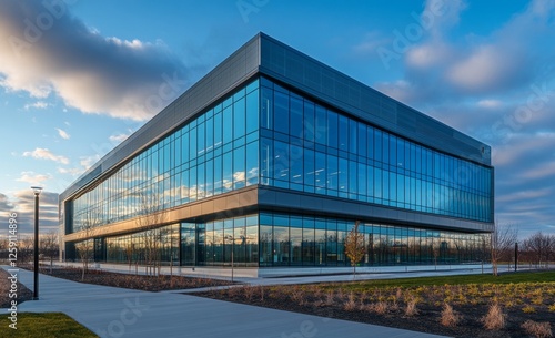 Modern office building exterior at sunset, urban park setting photo