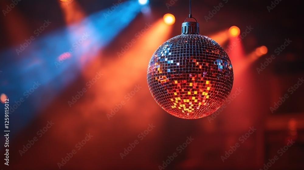 Fototapeta premium Disco ball hangs in a dimly lit nightclub