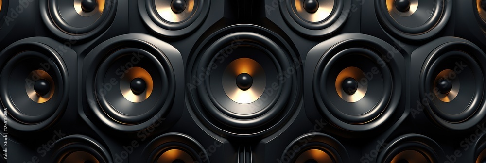 Dynamic Audio Installation: A Wall of Speakers Exhibiting Black and Gold Accents, Perfect for Music and Sound Design Projects Dynamic Audio Installation: A Wall of Speakers Exhibiting Black and Gold Accents, Perfect for Music and Sound Design Projects