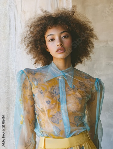 Fashion Portrait: A model with curly hair wearing a sheer floral blouse and a yellow skirt, perfect for style and beauty inspiration.