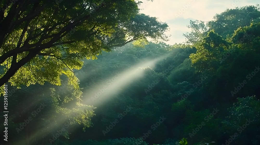 Sunbeams Through Lush Green Forest Canopy Sunbeams Through Lush Green Forest Canopy