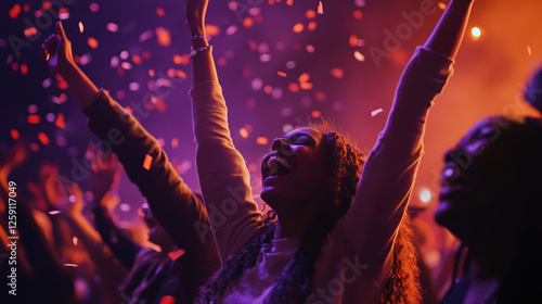 Concertgoers with Arms Raised, Celebrating as Stage Lights Change from Purple to Orange, with Confetti Filling the Air, Capturing Their Joy and Dynamic Lighting Effects