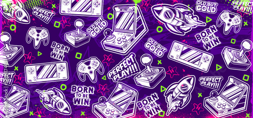 Gaming vector background illustrations. Retro video game graphic icon elements in graffiti style