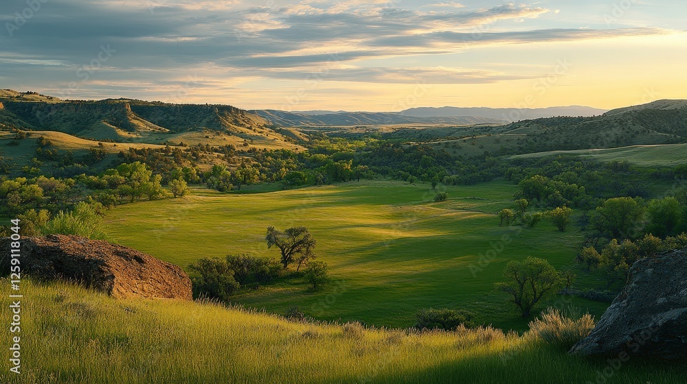 Fototapeta premium A serene rural landscape showcasing lush green rolling hills basking under a golden sunset, exuding a tranquil and picturesque atmosphere reminiscent of pastoral beauty and natural grandeur.