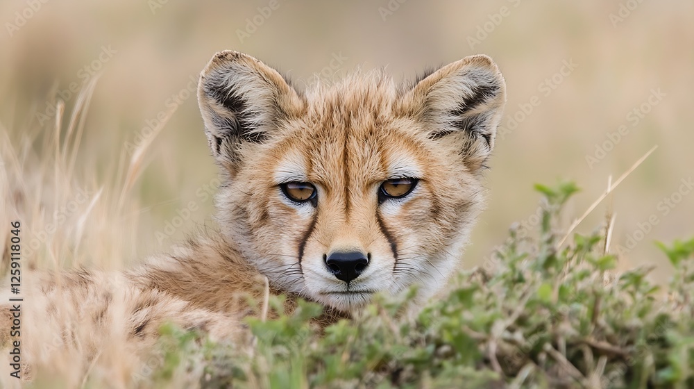 Obraz premium Close Up of a Cheetah Cub Resting in the Grass with Focused Expression : Generative AI