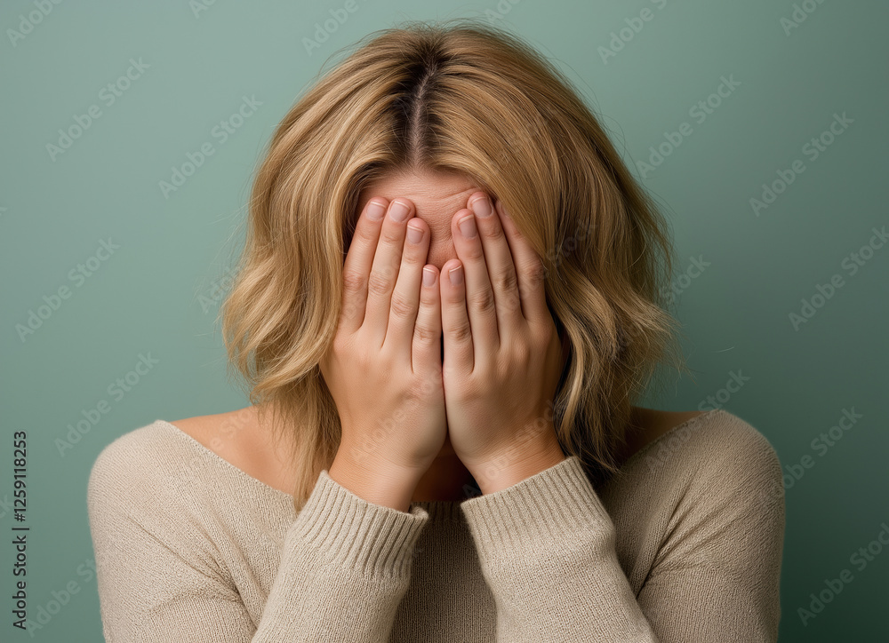Woman covering her face with hands showing emotion against a solid background Woman covering her face with hands showing emotion against a solid background