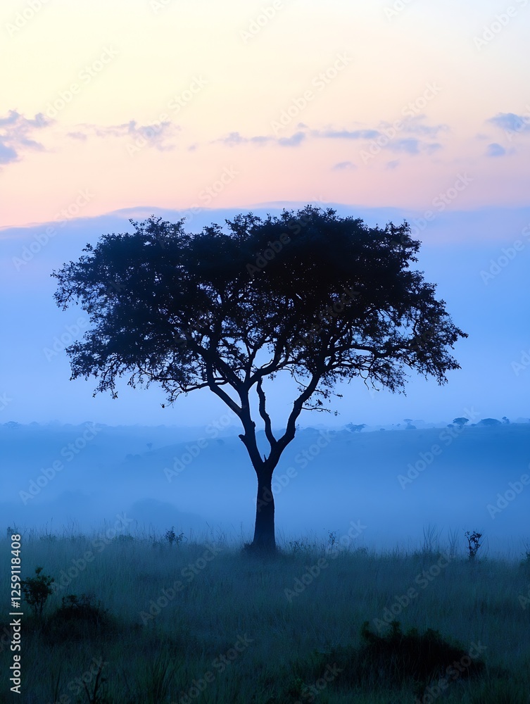 Fototapeta premium Lonely Tree Silhouetted Against a Colorful Misty Sunrise : Generative AI