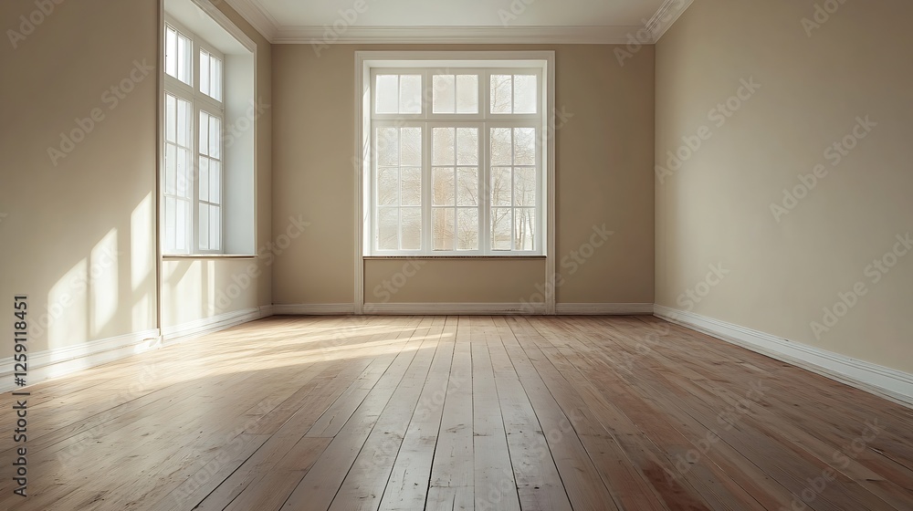Bright and Spacious Empty Room with Large Windows and Wooden Floor for Interior Design Inspiration : Generative AI Bright and Spacious Empty Room with Large Windows and Wooden Floor for Interior Design Inspiration : Generative AI