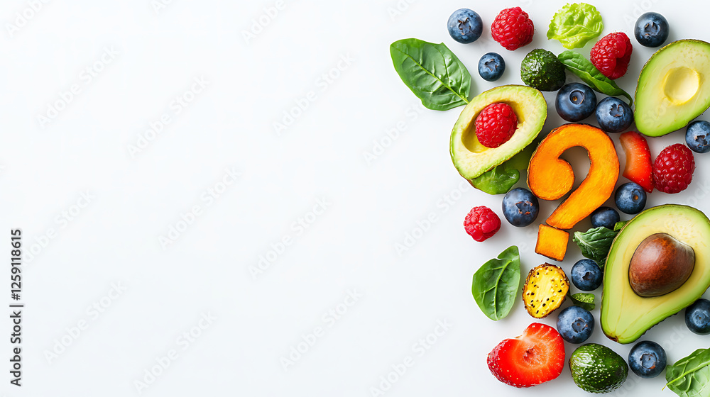 Colorful Fruits and Berries Arranged with a Question Mark on White Background Colorful Fruits and Berries Arranged with a Question Mark on White Background