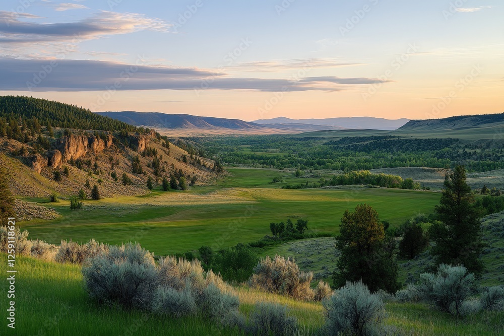 Obraz premium A serene rural landscape showcasing lush green rolling hills basking under a golden sunset, exuding a tranquil and picturesque atmosphere reminiscent of pastoral beauty and natural grandeur.