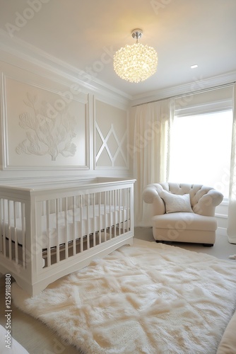 Bright and modern nursery featuring a chic crib and elegant decor with soft lighting for welcoming a new baby : Generative AI