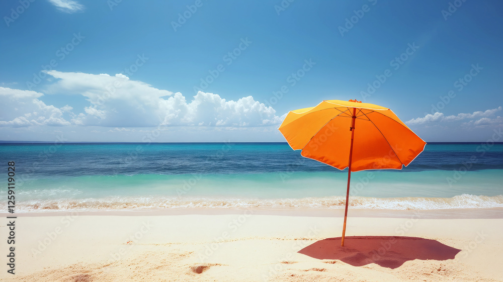 An orange umbrella stands alone on a pristine sandy beach, providing shade against the clear blue sky and tranquil ocean water on a sunny day - Summer holidays - Generative AI An orange umbrella stands alone on a pristine sandy beach, providing shade against the clear blue sky and tranquil ocean water on a sunny day - Summer holidays - Generative AI