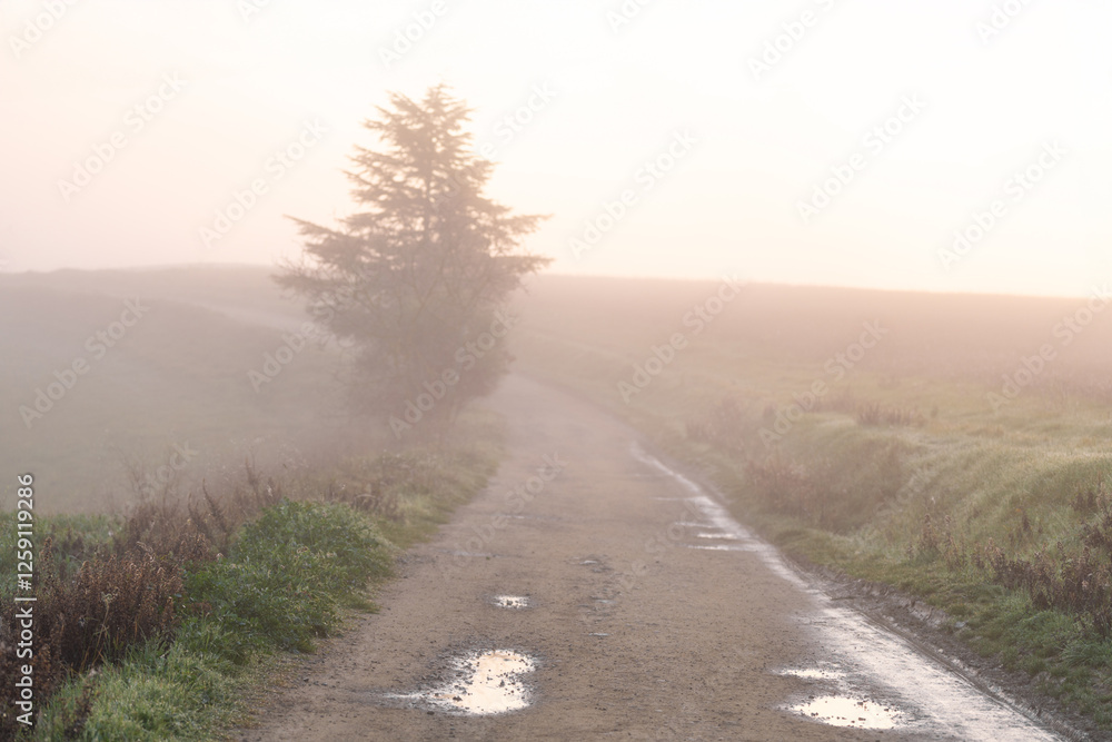 Dirt road lined with puddles winds through misty landscape. The soft morning light creates hazy, serene atmosphere as road disappears into the distance Dirt road lined with puddles winds through misty landscape. The soft morning light creates hazy, serene atmosphere as road disappears into the distance